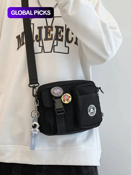 Unisex Casual Plain Color Release Buckle Crossbody Bag with Astronaut Charm, Zipper Crossbody Bag with Random Color Badge, Aesthetic Shoulder Bag, Zippered Sling Bag, Casual Crossbody Bags