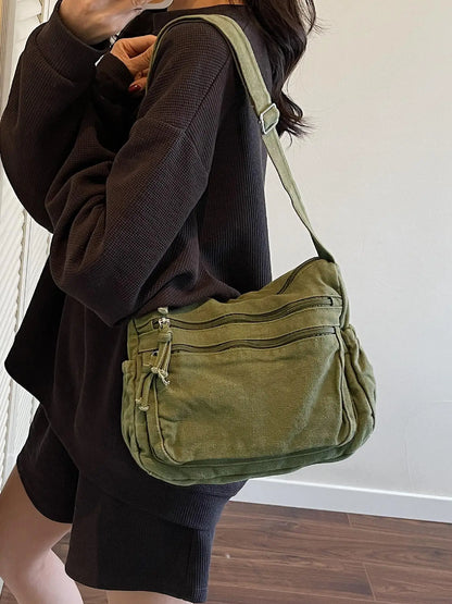 Ladies' solid color retro multi pocket canvas crossbody bag, fashionable and simple daily commuting easy to match with shoulder bag, Casual Commuter Bag, Multi Compartment Bag, Trendy Commuting Bag, Crossbody Shoulder Bags