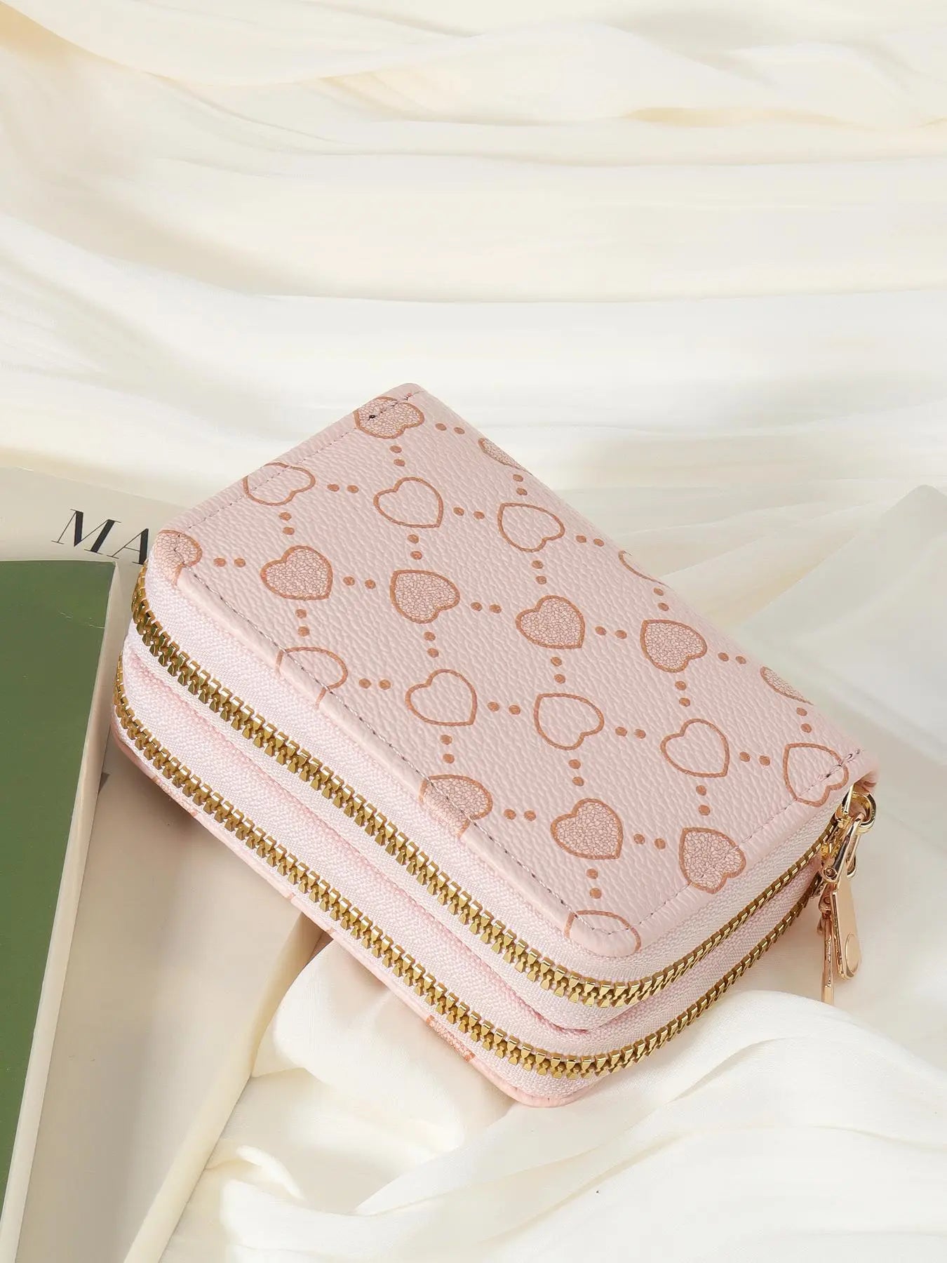 Women's Summer Retro Heart Print Double Zipper Around Coin Purse for Mothers Day Gift, Simple Casual Wallet Card Holder, Pu Leather Credit Card Storage Bag for Outdoors & Travel, Zippered Coin Pouch