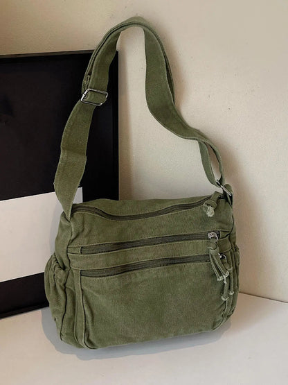 Ladies' solid color retro multi pocket canvas crossbody bag, fashionable and simple daily commuting easy to match with shoulder bag, Casual Commuter Bag, Multi Compartment Bag, Trendy Commuting Bag, Crossbody Shoulder Bags